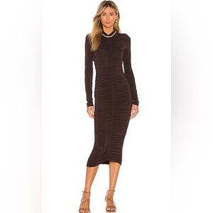 A.L.C. Ansel Ruched Long Sleeve Midi Dress in Ganache Brown